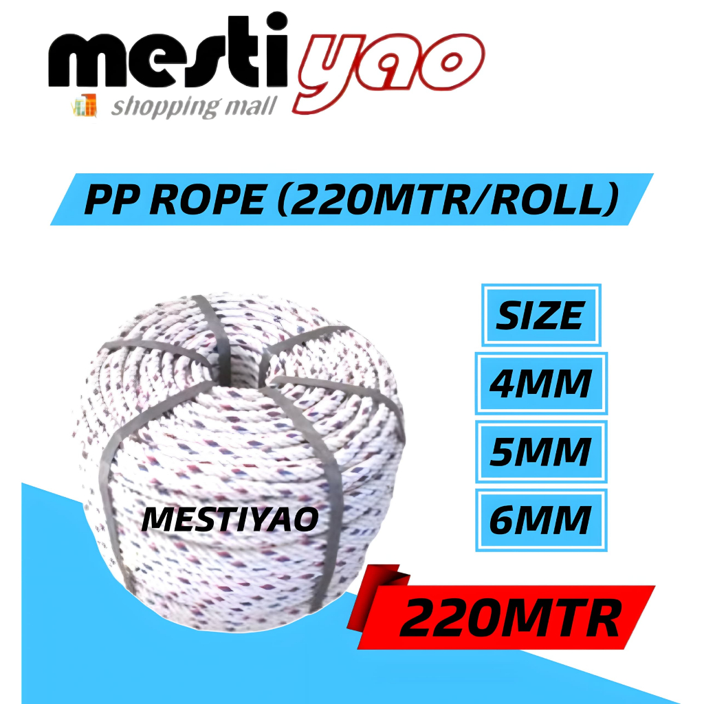 4mm,5mm,6mm X 220Meter Polypropylene Rope/ PP Rope/Tali Putih/ Tali ...