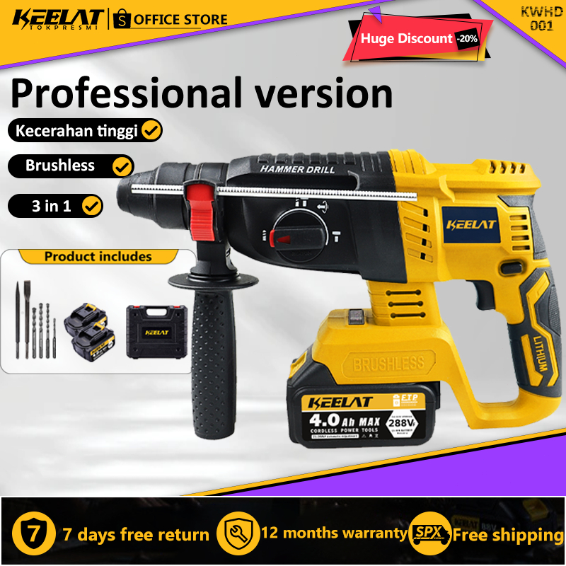 KEELAT Cordless Rotary Hammer Drill Brushless Concrete Cement Drilling ...