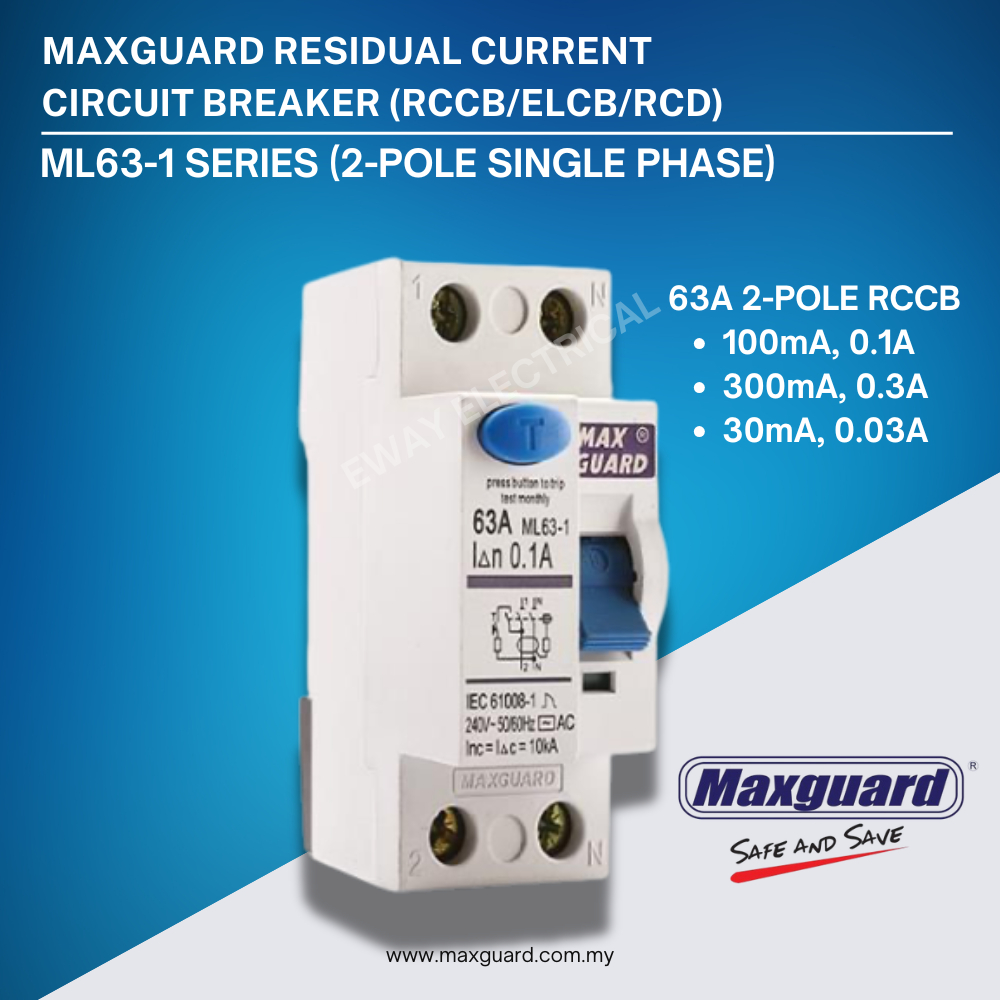 MAXGUARD 2 Pole 63A RCCB ML63-1 Series Residual Current Circuit Breaker ...