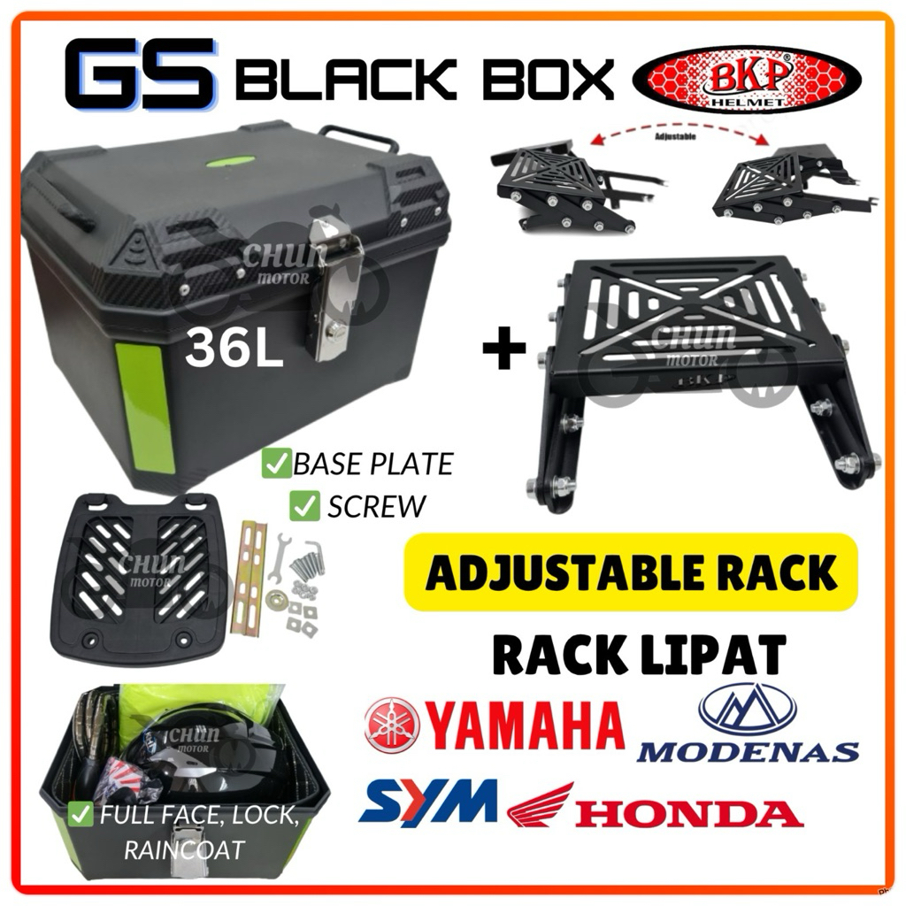 GS BLACK BOX 36L + RACK LIPAT 1SET BKP ADJUSTABLE RACK MOTORCYCLE NMAX ...