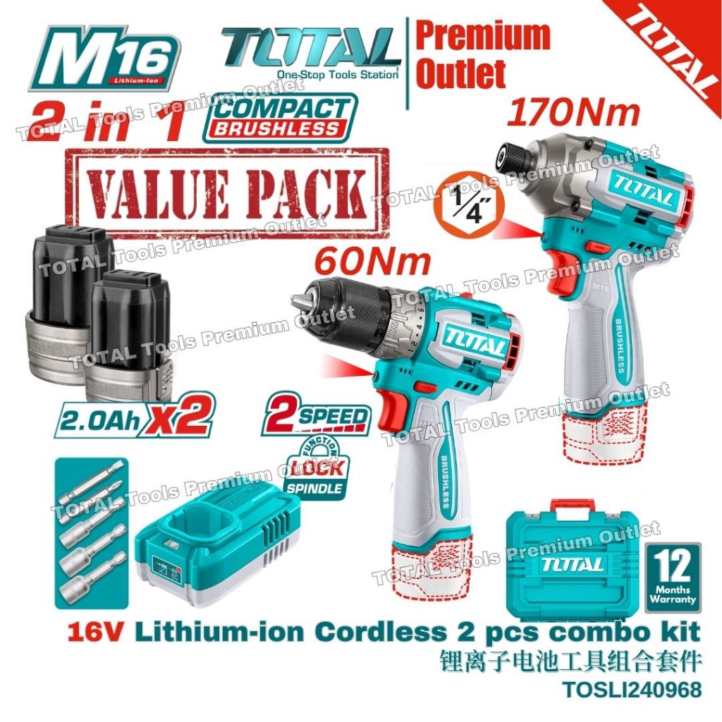 TOTAL Tools M16V Compact Brushless Cordless Impact Driver & Cordless ...