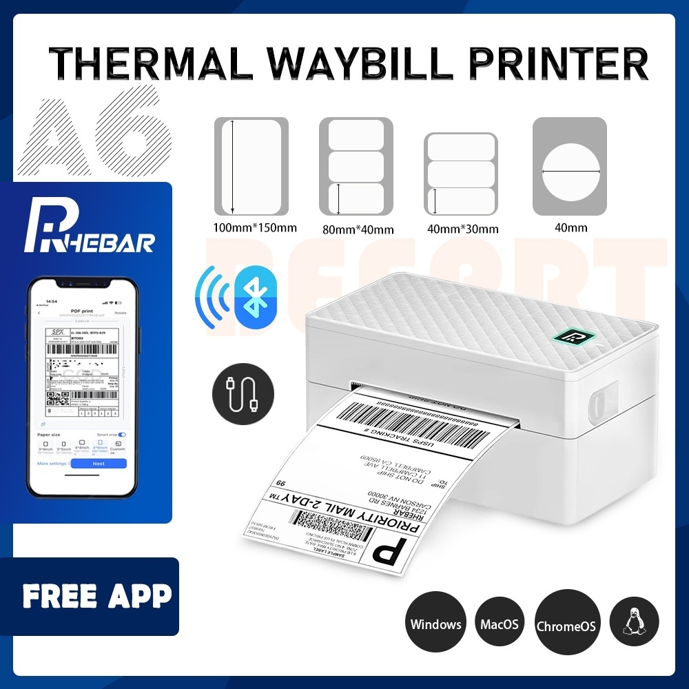 Rhebar Thermal Label Printer Shipping Waybill Printer- Bluetooth & USB ...