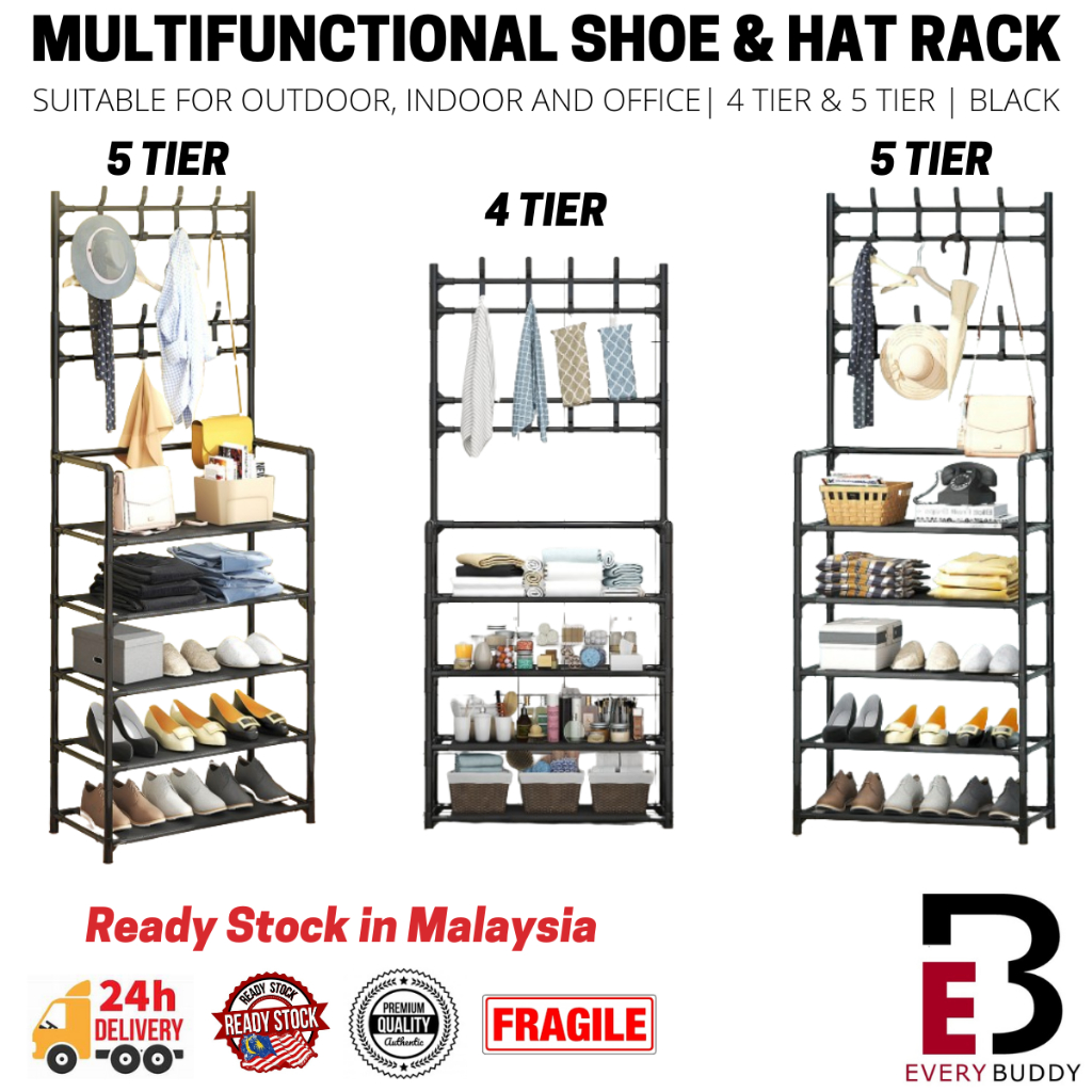 L-Shaped 4 Layers Multi-functional 60cm Organizer Shoe Rak Gantung Topi ...
