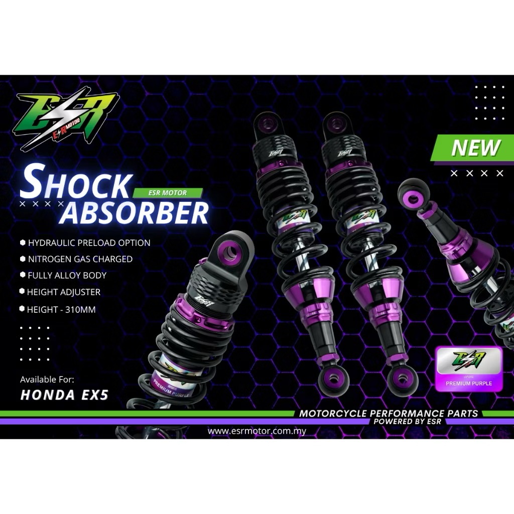 100% ORIGINAL ESR MOTOR ABSOBER RXZ EX5 PURPLE ADJUSTABLE 310-330MM ...