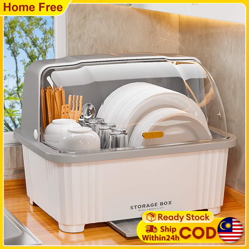 Rak pinggan mangkuk Dishware Drain Box With Cover Plastic Dustproof ...