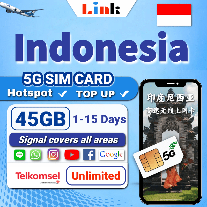 Indonesia sim card Unlimited 4G/5G Data 1-15 days Daily 500MB/1GB/2GB ...