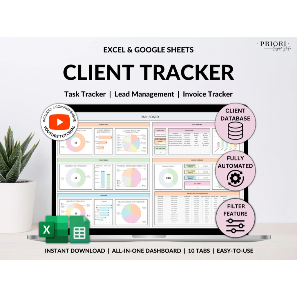 Client Tracker Spreadsheet for Small Business w/ Task Tracker Customer