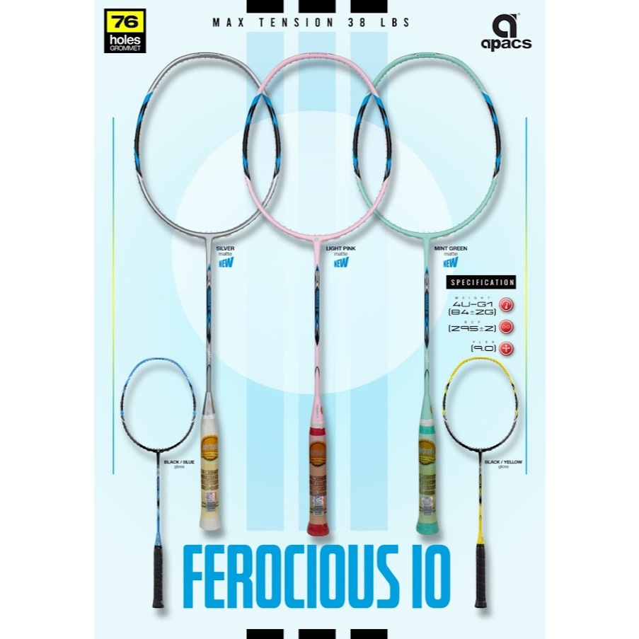 APACS Racket ferocious 10 ( 100% Original ) HI TENSION FRAME 38LBS ...