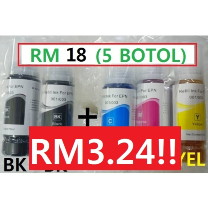 *RM 18.00 5 BOTOL* Epson 003 001 Compatible Refill Ink L3110 / L3116 ...