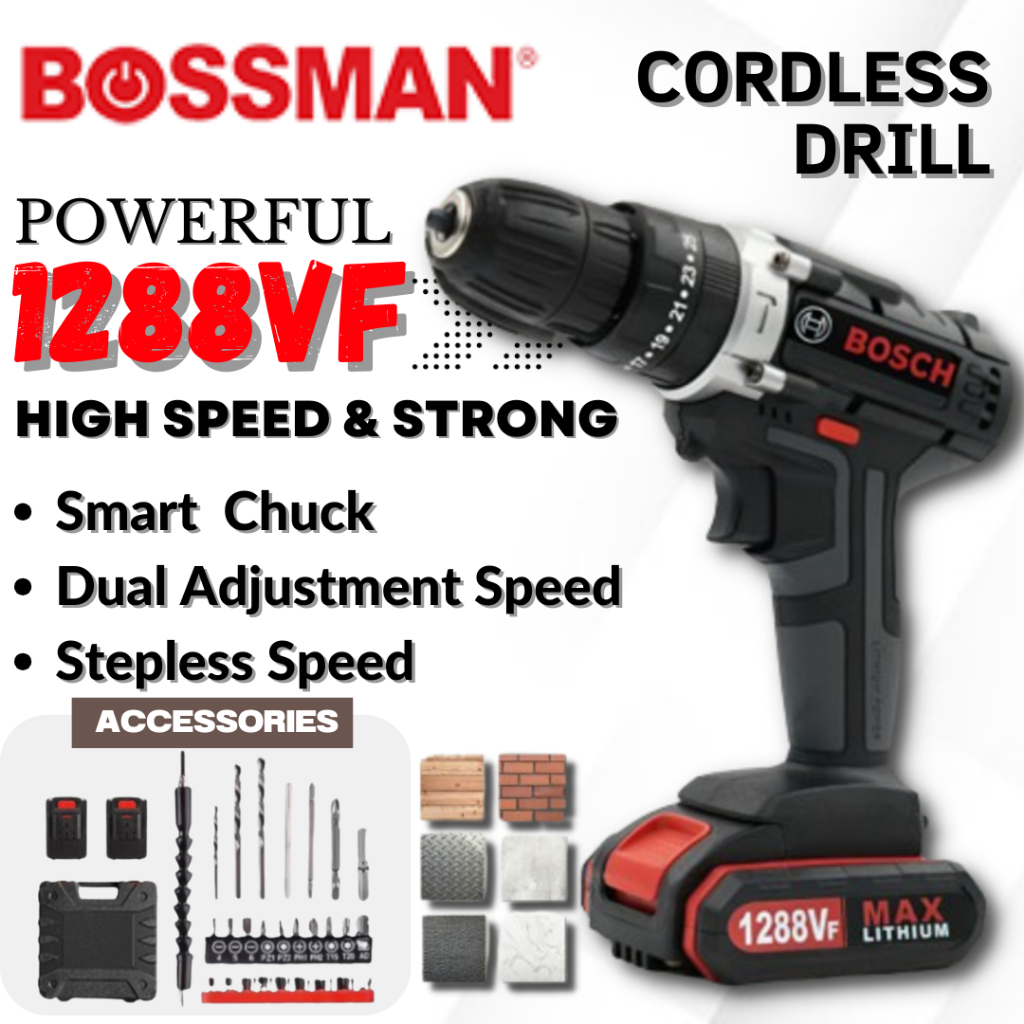 BOSSMAN 1288V Cordless Drill Set Hammer Impact Drill bits 2 Battery ...
