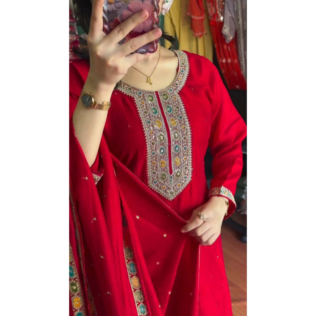 RED COLOUR EMBROIDERY WORK KURATI DUPATTA SET | Shopee Malaysia
