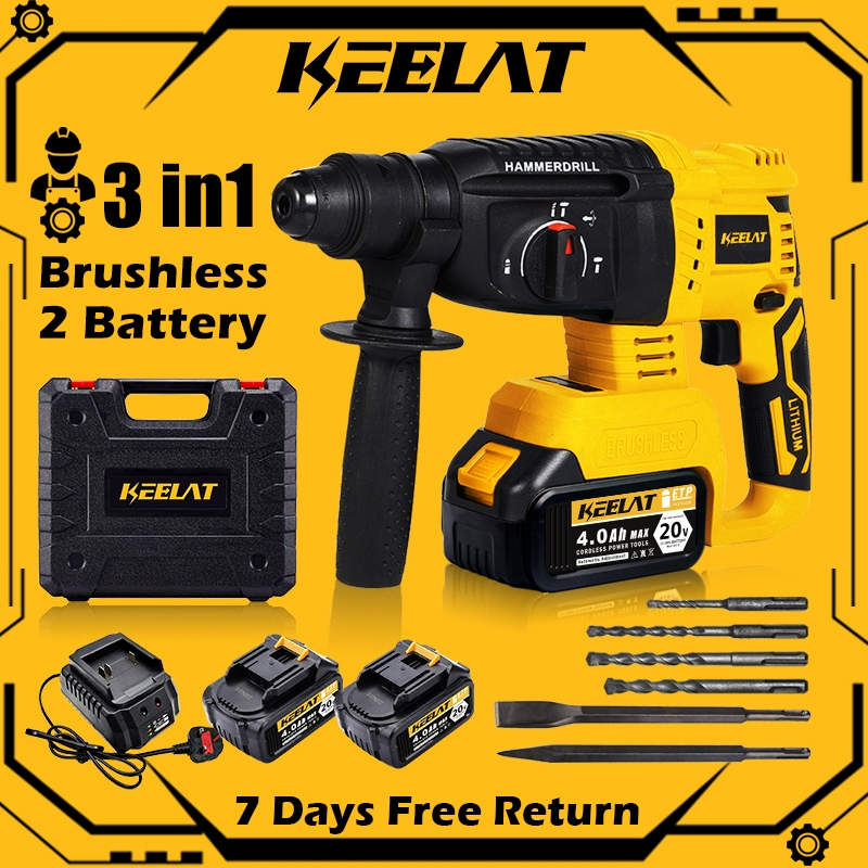 KEELAT 20V Cordless Heavy Rotary Impact Hammer Drill Electric Brushless ...