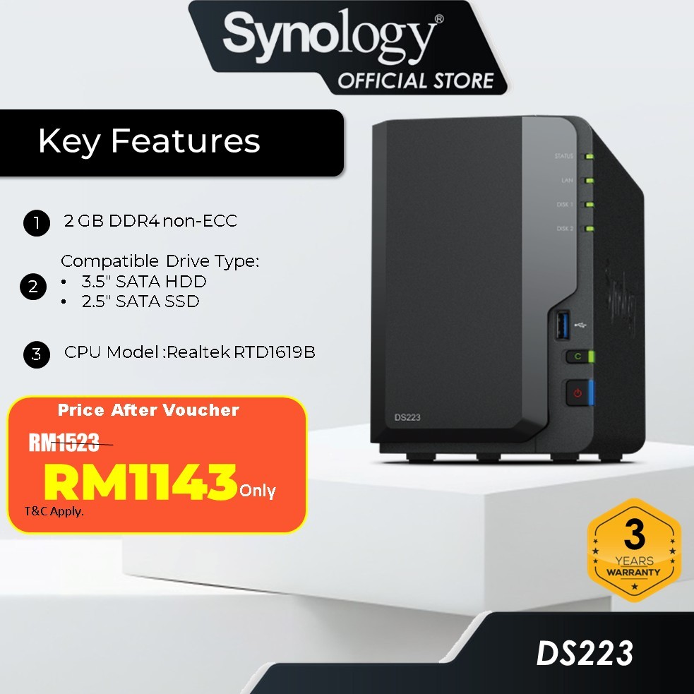 Synology DS223 2 Bays NAS DiskStation with Quad Core CPU, 2GB Memory,  2-Bays NAS Storage | Shopee Malaysia