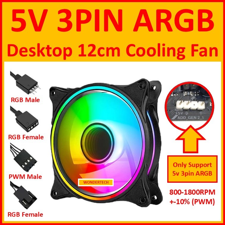 5V 3PIN ARGB Desktop 12cm 12v Cooling Fan RGB LED Light Forward Reverse ...