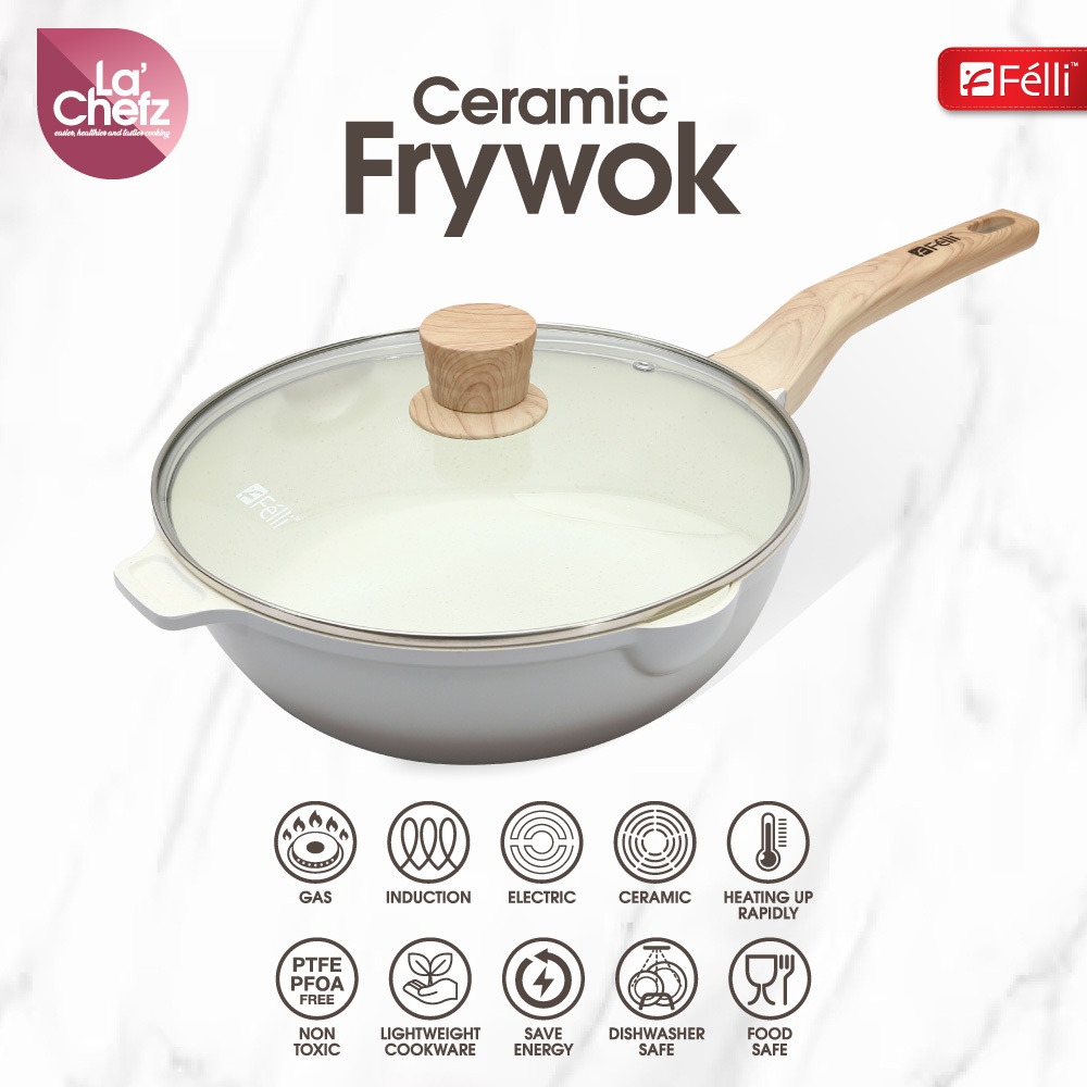 Felli La' Chefz Ceramic Frywok With Lid 28cm - Larva Grey | Shopee Malaysia