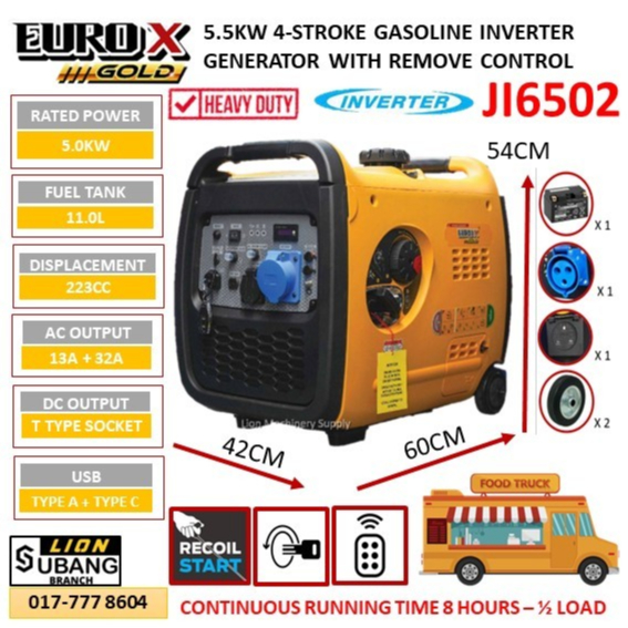 EUROX 5.5kw Silent Inverter 4-Stroke Petrol Generator JI6502 with ...