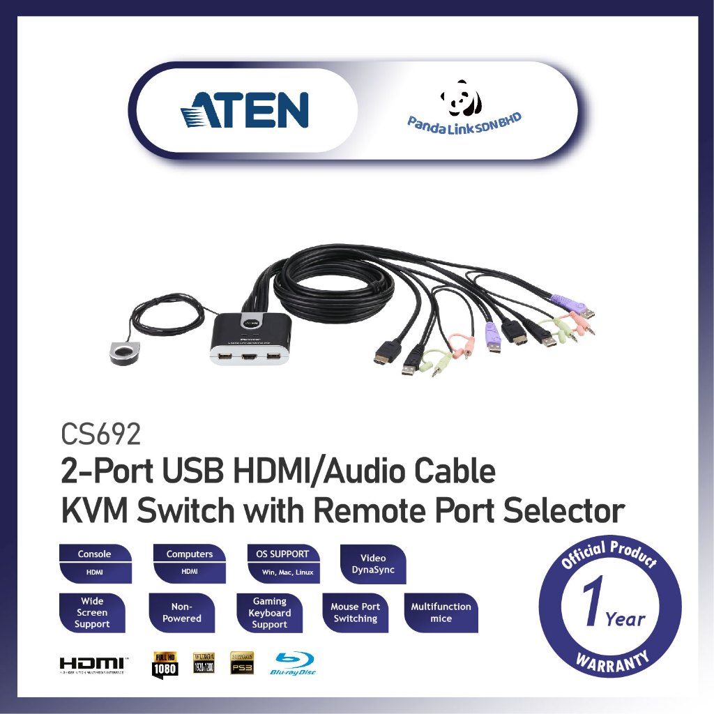 ATEN CS692 2-Port USB HDMI/Audio Cable KVM Switch with Remote Port ...