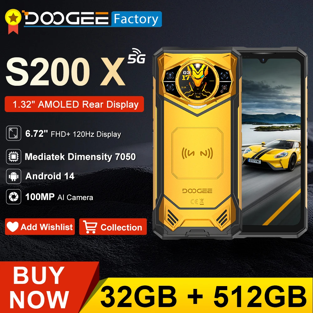DOOGEE S200 Max 5G Smartphone Robustissimo, 36GB+512GB/2TB, Batteria 22000mAh 66W, Schermo 6.72" FHD+ 120Hz + Secondario 1.3", Doppia Torcia 120LM, Fotocamera 108MP+20MP Notte, Android 15