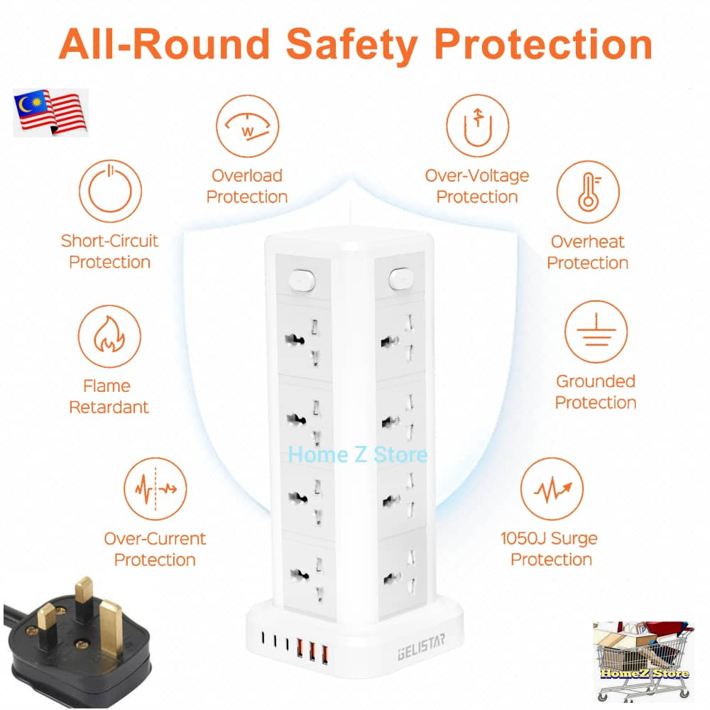 5m Wire Space Saving Universal Tower Extension Socket Plug Dual Type C ...