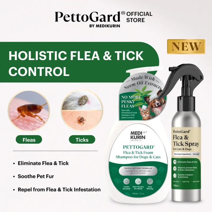 PettoGard Flea & Tick Spray + Flea & Tick Foam Shampoo For Cats & Dogs ...