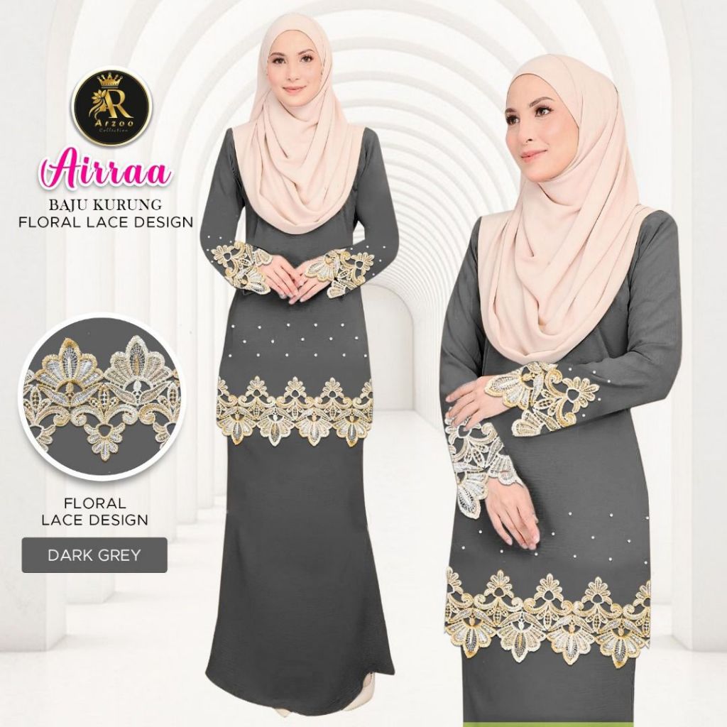 High Quality Baju Kurang Airraa With Flower Design Lace And Batu New Arrival Raya 2025