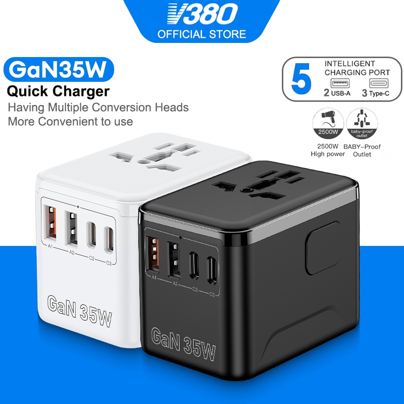 V380 Pro Universal Adapter Travel International 35W USB C Adapter Fast Charger QC 3.0 Charger Type C Plug