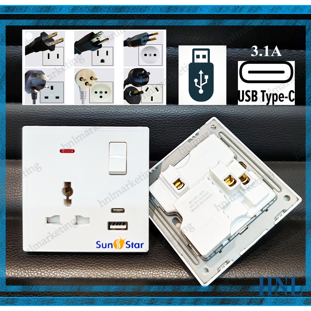 UNIVERSAL MULTI 13A SWITCH SOCKET WITH USB & TYPE-C 3.1A | Shopee Malaysia
