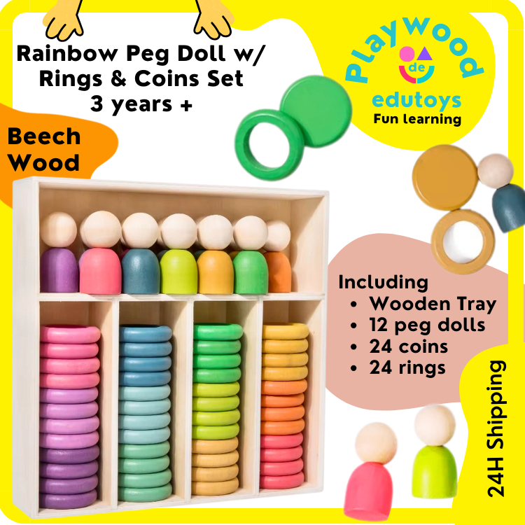 Wooden Rainbow Colour Coin Rings Little Friends Peg Dolls Sorting ...