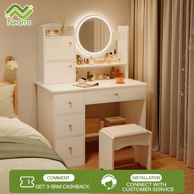 Dressing Table with Mirror LED Light Makeup Comestic Tables Set Meja ...
