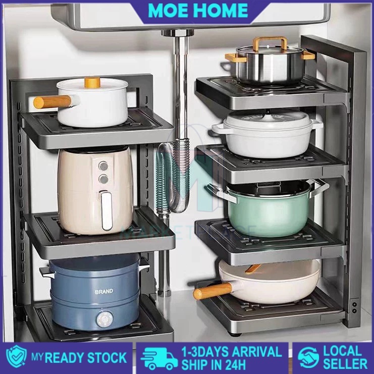 Kitchen Pot Rack 2-4 Tiers Stainless Steel Adjustable Pot And Pan Rack ...