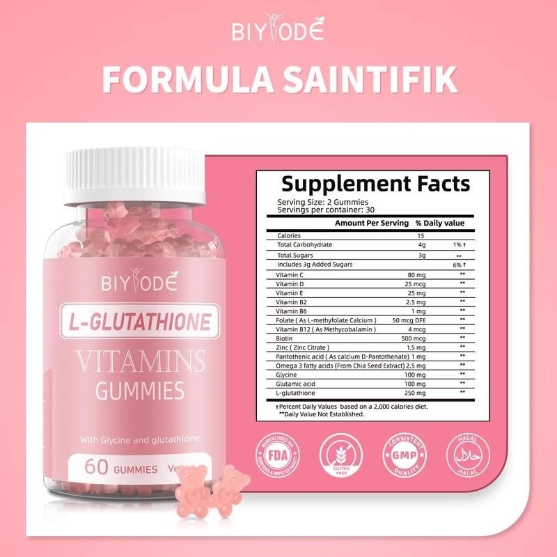BIYODE L-Glutathione Gummies SKIN Whitening untuk Memutihkan Kulit &  Melembapkan Kulit | 500mcg Biotin & L-glutation | Shopee Malaysia