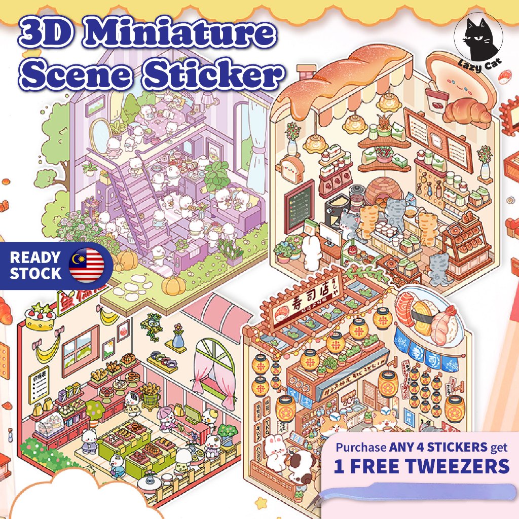 Lazy Cat 3D Miniature Scenes Sticker DIY Cute Cartoon Journal Korean ...