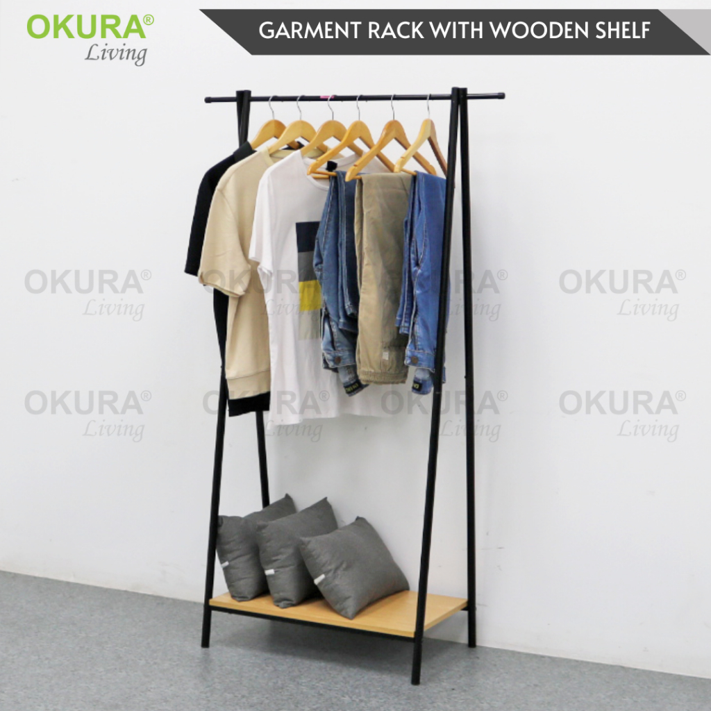 OKURA Metal Coat Rack Stand with 1 Tier Wooden Shoe Rack Storage ...