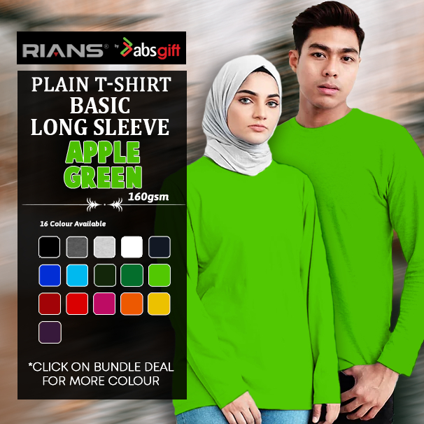 RIANS APPLE GREEN - LONG SLEEVE Plain Cotton Round Neck T-Shirt 160gsm ...