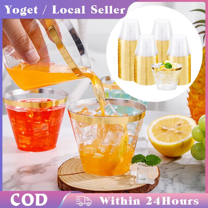 50pcs 270ml Plastic Gold Rim Cup / Gold Plastic Cup / Party Wedding ...