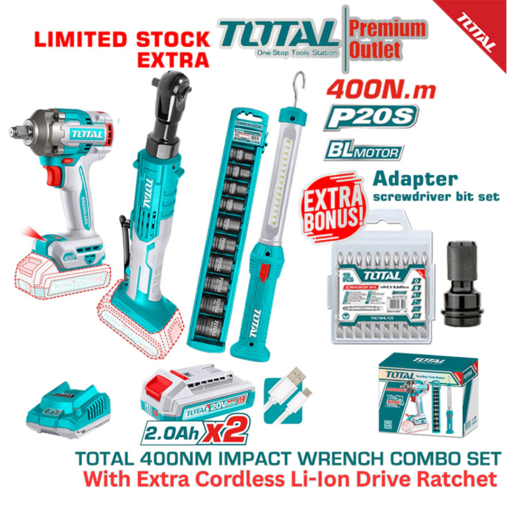 TOTAL 20V Cordless 2 IN1 COMBO SET, 400Nm BL motor Impact wrench +W ...