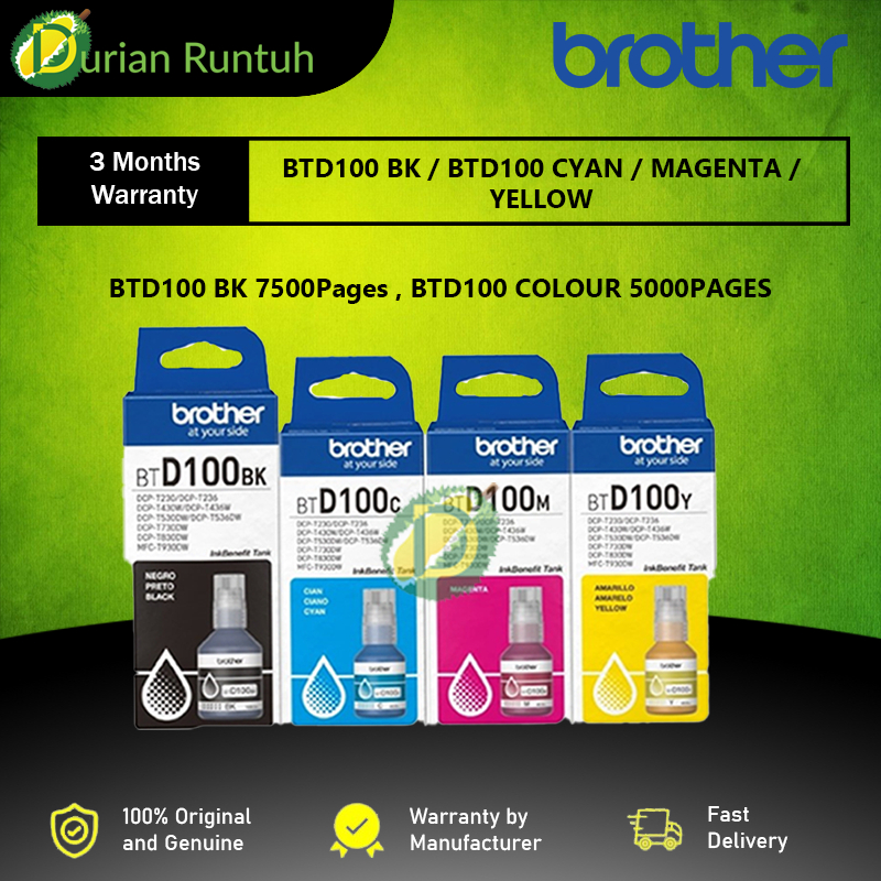 Brother Original Genuine Dye Ink BTD100 Refill Ink Bottles For T230 ...