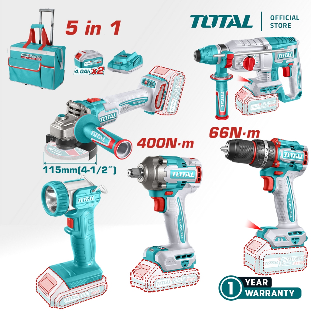 TOTAL Tools 5 Pcs Combo Kit (Impact Wrench + Impact Drill + Rotary ...