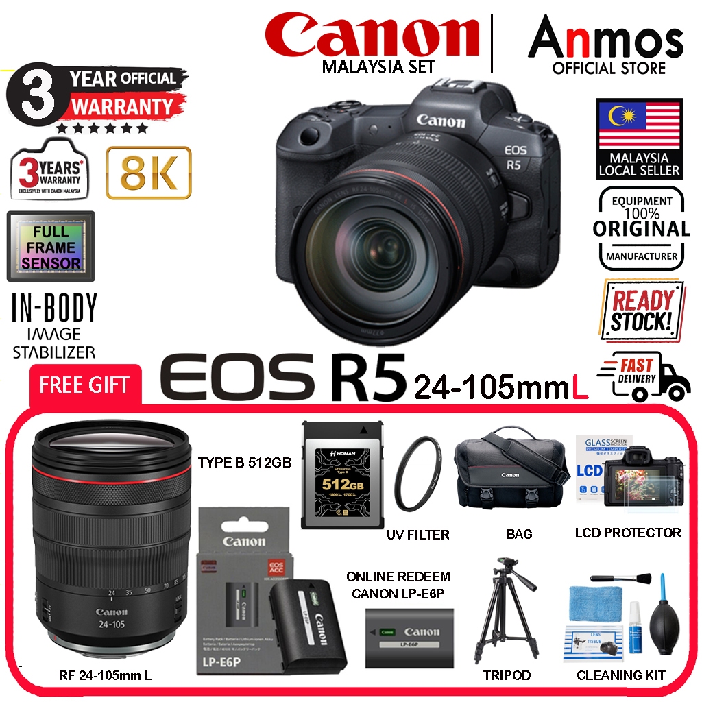Canon EOS R5 Mirrorless Digital Camera + 24-105mm F4 L IS USM Lens (100 ...