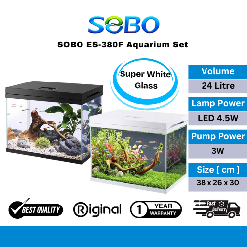 SOBO ES-380F Black / White Super Crystal Clear Glass Fish Aquarium Set ...
