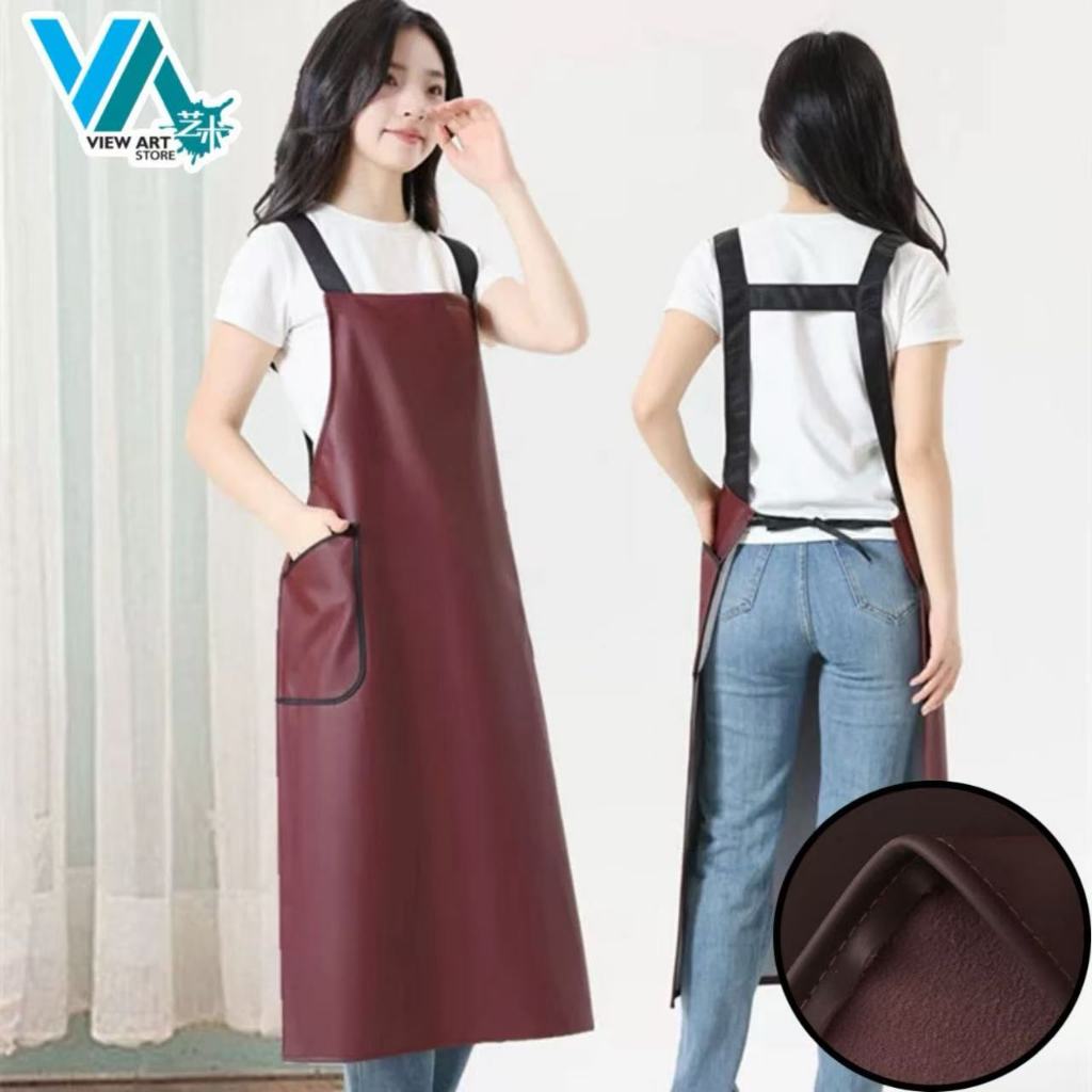 PU Leather Apron Waterproof Oil-Proof Cooking Apron Long PU Leather ...
