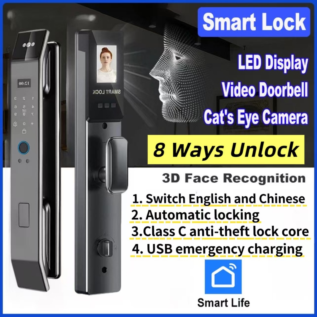 3D Face Recognition 8 in 1 Auto Password Smart Door Lock Fully ...