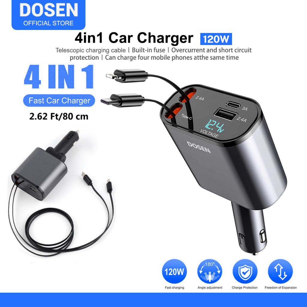 DOSEN 120W 4 In 1 Car Charger Scalable Cable Suitable Fast Charge Mobile Phone Adapter For All Mobile Phones