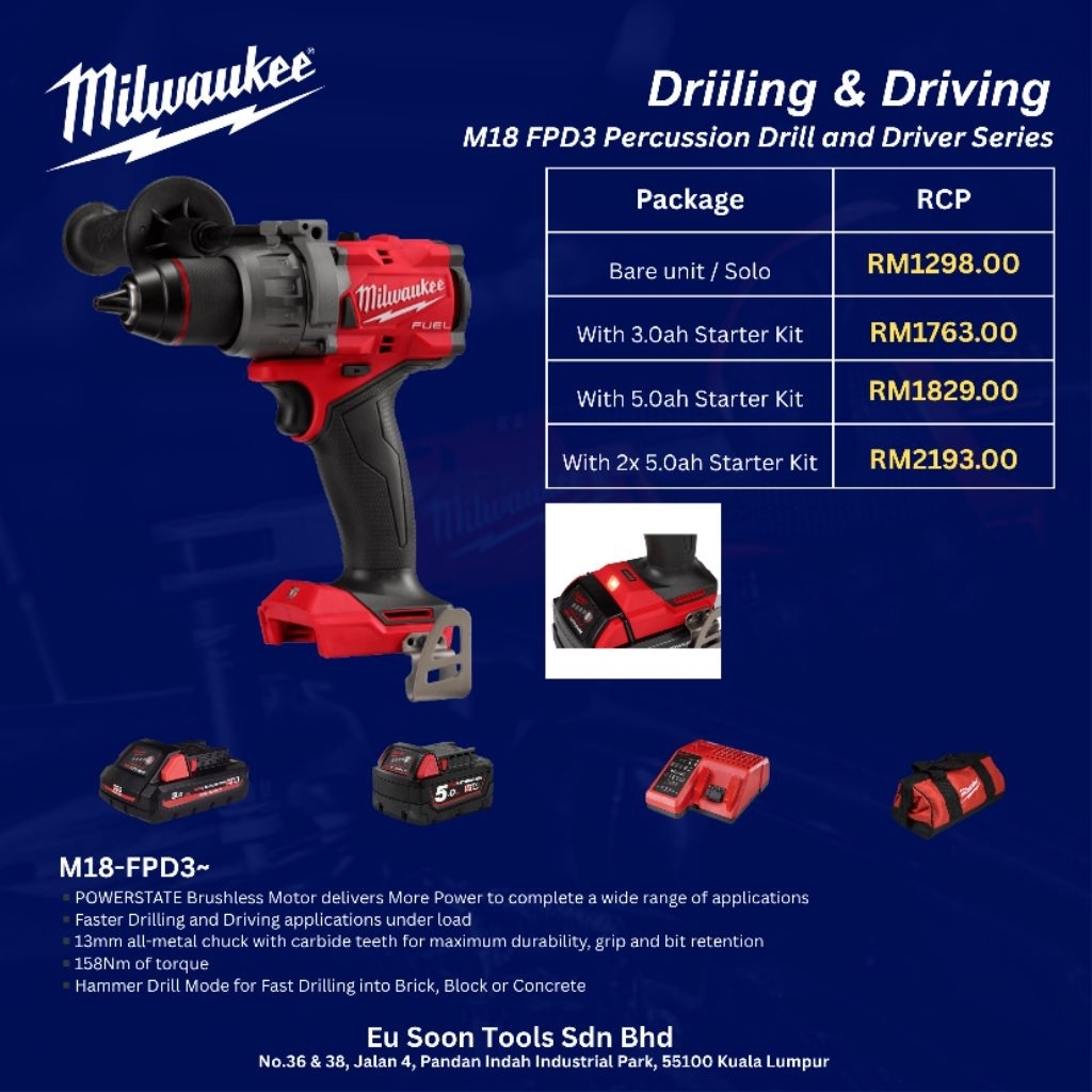 Milwaukee M18 Gen IV 13mm Percussion Drill/ Driver Set (M18 FPD3 ...