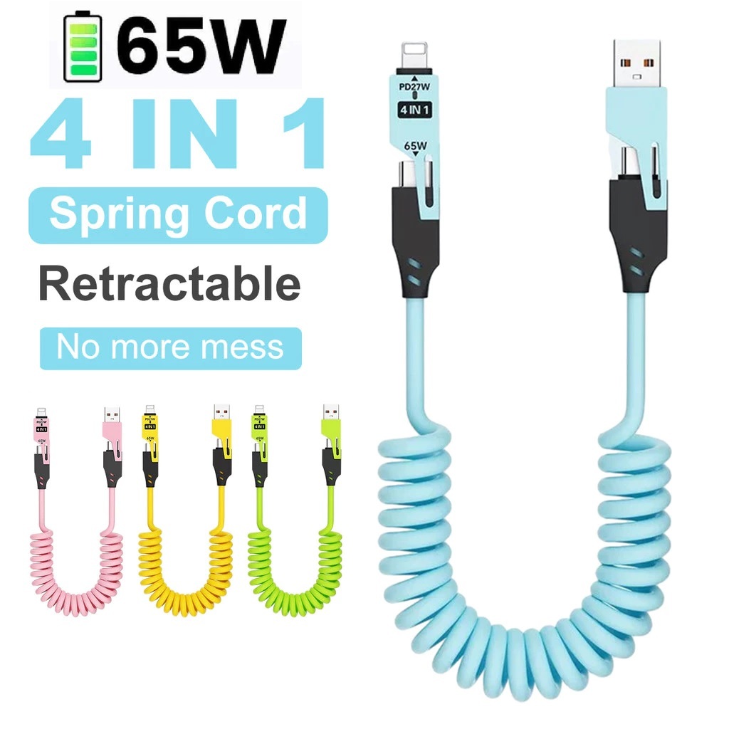 65w Fast Charging Cable 4 in 1 Spring Cable Quick Charge Coiled ...