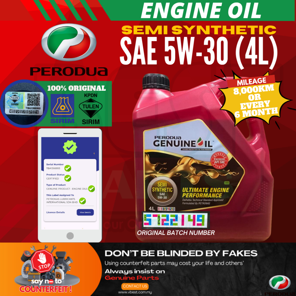 Perodua Engine Oil 5W30 Semi Synthetic 4L – Myvi Viva Kelisa Alza Lagi ...