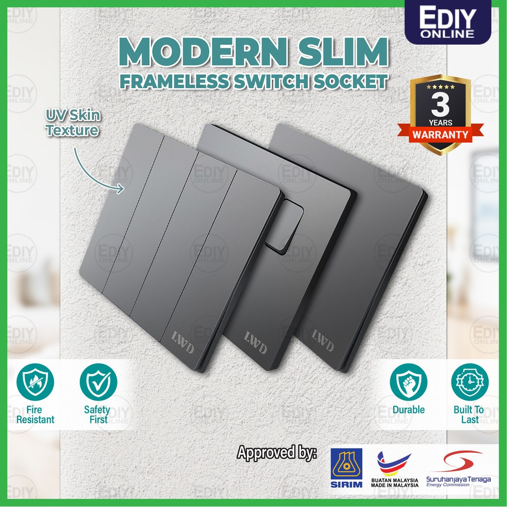 【SIRIM】Modern Slim Rimless Frameless Grey Switch Socket Switches Wall ...