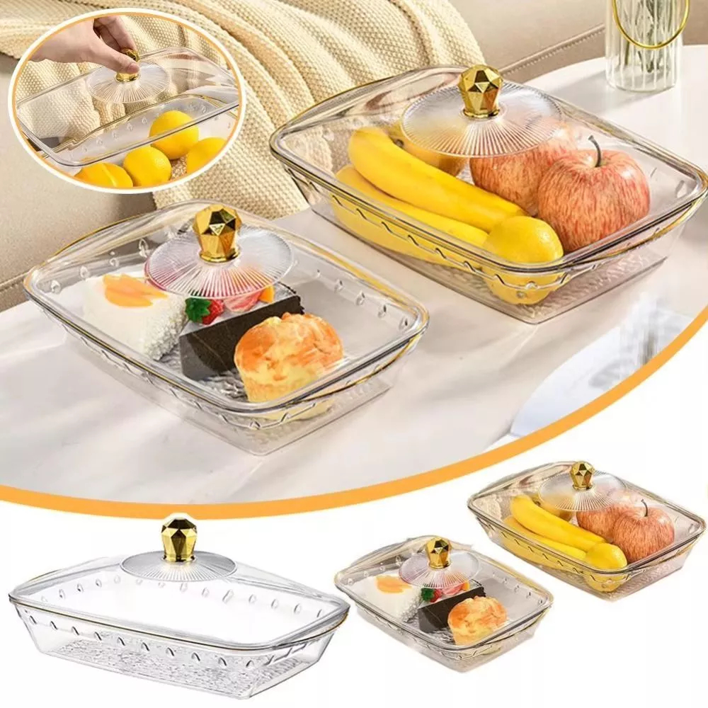 Transparent Storage Plate with Lid, Oval Gold Edge Fruit Bowl for ...