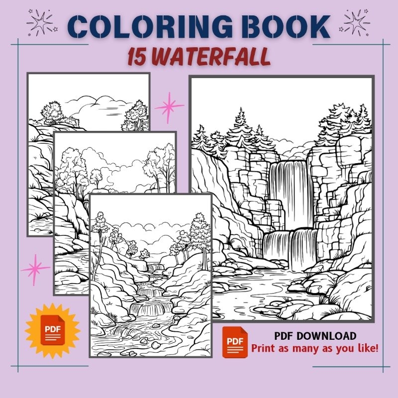 [PDF] 15 Pictures WATERFALL - Printable Colouring Book For Kids Adults ...