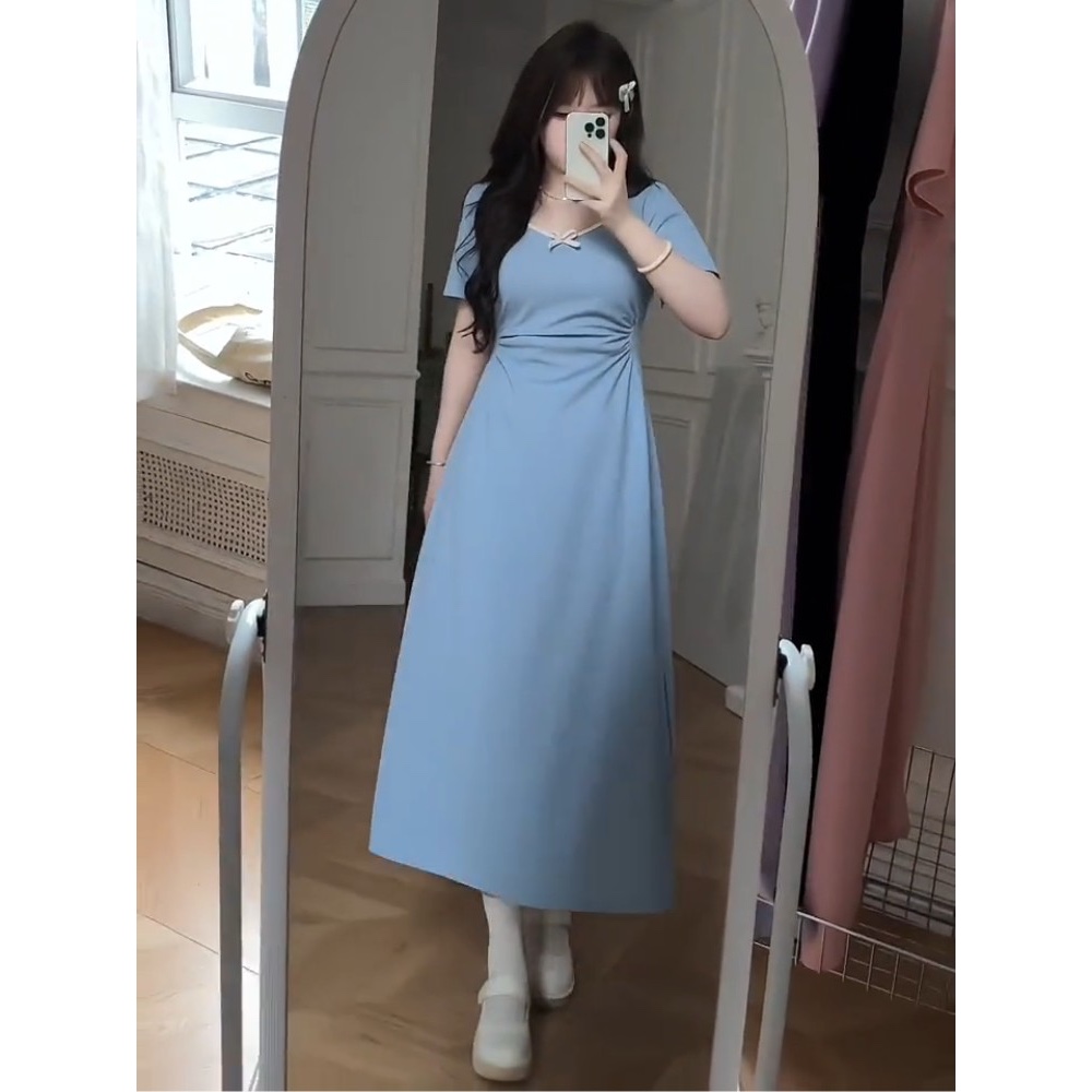 45-86kg M-3XL Plus-size women's waist-tight dress 法式赫本气质方领显廋收腰连衣裙女 | Shopee Malaysia